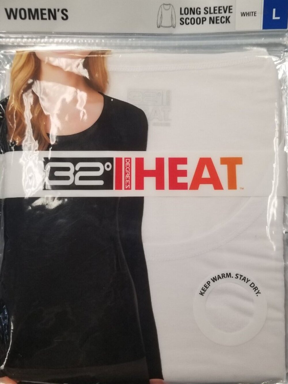 32 Degrees WomenHeat Long Sleeve Scoop Neck White Base Layer White Large Stretch
